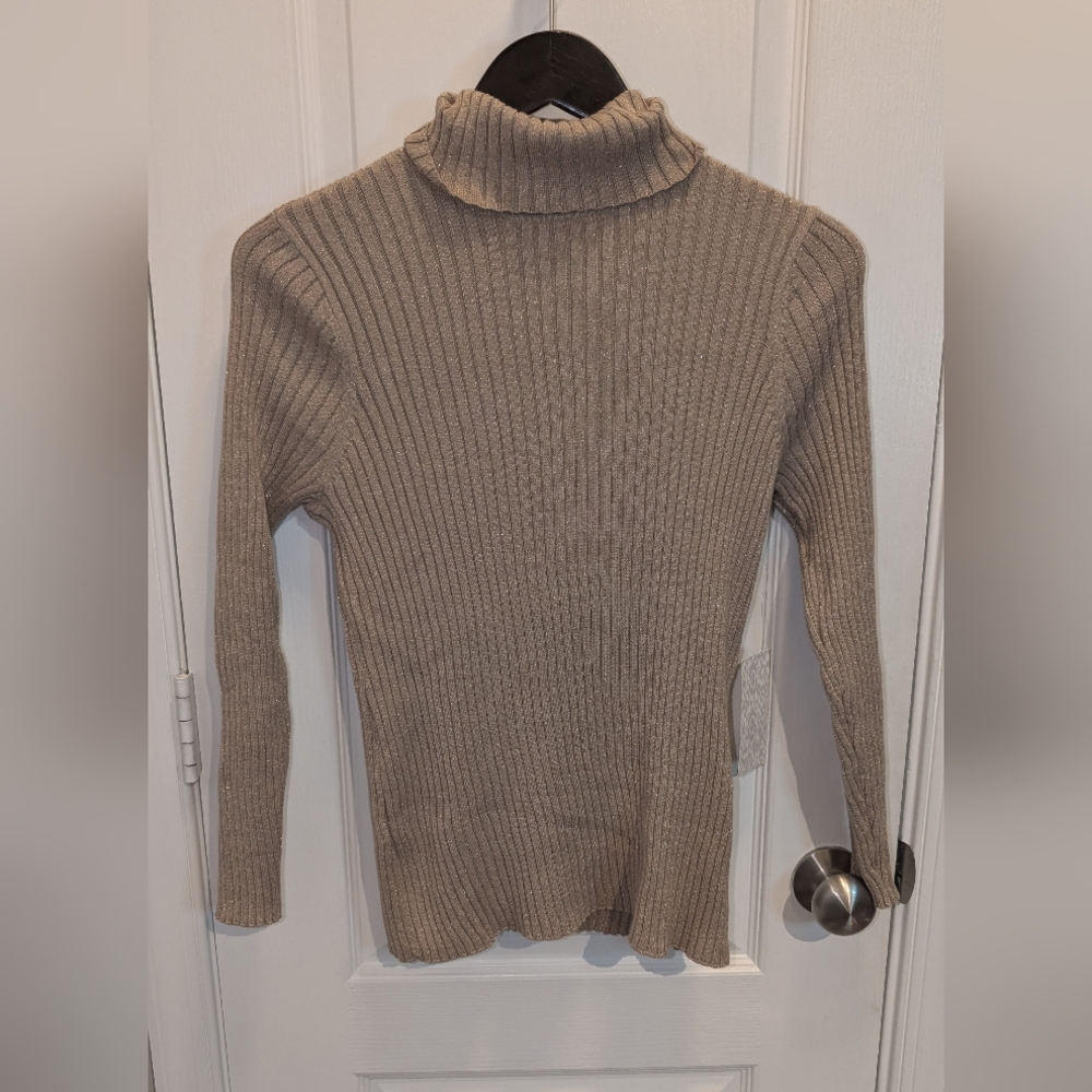 Chicos Ribbed Taupe Shimmer Turtleneck Sweater Size Medium PETITE
